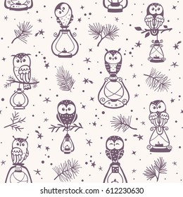 Beautiful seamless pattern with silhouette cute owls siting on a lantern. Vector illustration