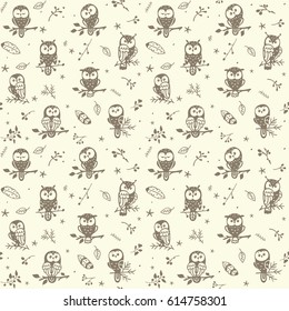 Beautiful seamless pattern with silhouette cute owls. Vector illustration