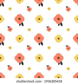 Beautiful seamless pattern with simple colorful  abstract flowers(coral and yellow).Vector floral ornament on white background.For textiles,fabrics,wallpapers,wrapping papers.