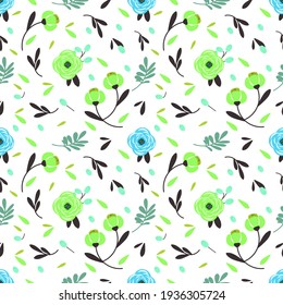Hermoso patrón impecable con flores abstractas de color simple (azul y verde) y hojas.Ornamento floral vectorial sobre fondo blanco.Para textiles, telas, papel pintado, papel envolvente.