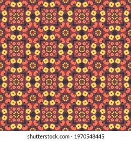 Beautiful seamless pattern with simple coral and yellow abstract flowers.Vector geometric floral ornament on wine background.Kaleidoscope effect.For textile,fabric,wallpaper,wrapping paper and other.