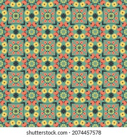 Beautiful seamless pattern with simple coral and yellow abstract flowers.Vector geometric floral ornament on turquoise background.Kaleidoscope effect.For textile,fabric,wallpaper,wrapping paper.