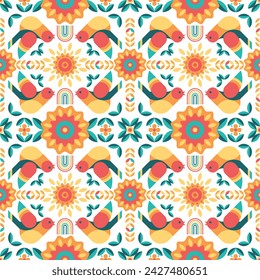 Beautiful seamless pattern with singing bird, sun, rainbow and flowers. Cute spring background. Abstract floral ornament with flyind bird. Texture for tile, wallpaper, paper, textile, fabric, packagin