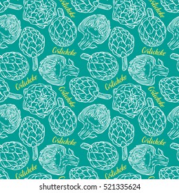 beautiful seamless pattern of sketch artichokes on a dark turquoise background. hand-drawn illustration