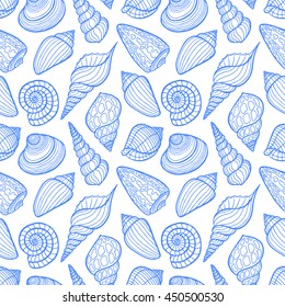 beautiful seamless pattern of sketch blue seashells. hand-drawn illustration