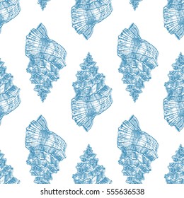beautiful seamless pattern of sketch blue seashells. hand-drawn illustration