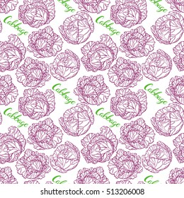 beautiful seamless pattern of sketch cabbage with pink text. hand-drawn illustration