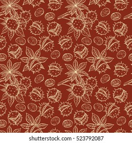 beautiful seamless pattern of sketch chestnuts on a dark brown background. hand-drawn illustration