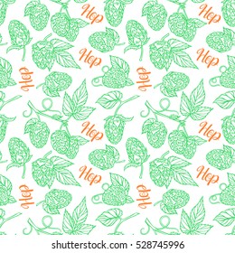 beautiful seamless pattern of sketch green hops on white background. hand-drawn illustration