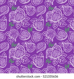 beautiful seamless pattern of sketch ripe figs on a dark purple background. hand-drawn illustration
