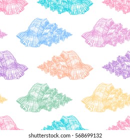 beautiful seamless pattern of sketch varicolored seashells. hand-drawn illustration