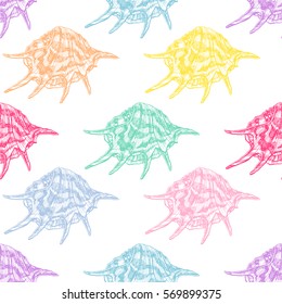 beautiful seamless pattern of sketch varicolored seashells. hand-drawn illustration