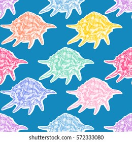 beautiful seamless pattern of sketch varicolored seashells on blue background. hand-drawn illustration