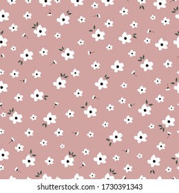 Beautiful seamless pattern, small white flower design placed randomly distributed on a pink background. Cute cartoon style design Used for fabric, textile, hand drawn vector illustration