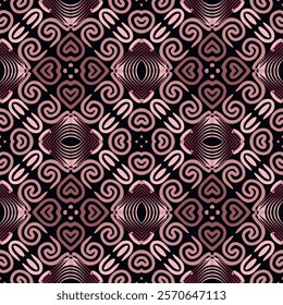 Beautiful seamless pattern with spiral, swirls, love hearts, abstract shapes and lines. Vector ornamental background. Endless ornate texture. Decorative design for prints, fabric, clothing, wllpaper.