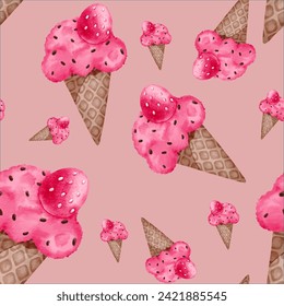 Beautiful Seamless pattern of strawberry ice-cream on pink  background vector illustration.