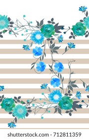 Beautiful seamless pattern with stripes and flowers. Print for T-shirt. Vector illustration.
