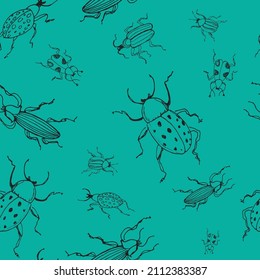 Beautiful seamless pattern of stylized different bugs and insects on green background. Hand drawn outline sketch for wallpaper, textile, print. svg