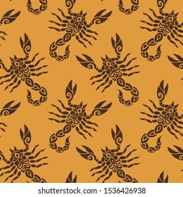 Beautiful seamless pattern with stylized scorpion silhouettes on orange background