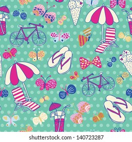 Beautiful seamless pattern with summer elements. Beach party vector background. You can use it in party invitations, textile for swimwear, summer bags.