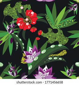 Hermoso patrón impecable "Verano flotadores tropicales". Ilustración de Vektor con fondo negro. Huella de moda para ropa de verano