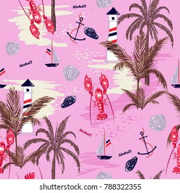 Hermosa isla tropical de verano sin mar de mediterráneo con caparazón de langosta, limón, ancla, para tela de moda, papel de pared, página web sobre rosa en estilo dibujado a mano.