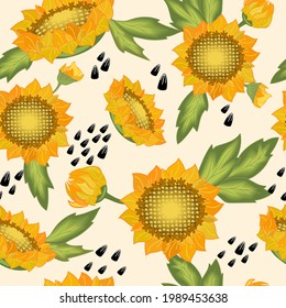 Beautiful seamless pattern with sunflower flowers and leaves icons.Vector illustration.Cartoon style decorative design. Can be used in textile industry,paper,background,skrapbooking.