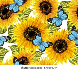 Beautiful seamless pattern with sunflowers blue butterflies on white background. Collection decorative floral design elements. Vintage hand drawn vector illustration in watercolor style.