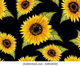 Beautiful seamless pattern with sunflowers on black  background. Collection decorative floral design elements. Vintage hand drawn vector illustration in watercolor style.