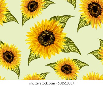 Beautiful seamless pattern with sunflowers on white  background. Collection decorative floral design elements. Vintage hand drawn vector illustration in watercolor style.