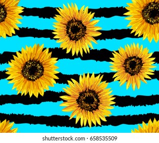 Beautiful seamless pattern with sunflowers on abstract background. Collection decorative floral design elements. Vintage hand drawn vector illustration in watercolor style.