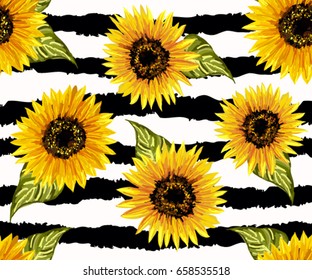 Beautiful seamless pattern with sunflowers on abstract background. Collection decorative floral design elements. Vintage hand drawn vector illustration in watercolor style.