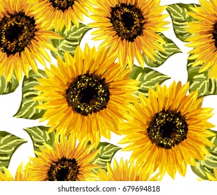 Beautiful seamless pattern with sunflowers on white background. Collection decorative floral design elements. Vintage hand drawn vector illustration in watercolor style.