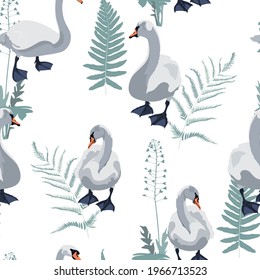 Beautiful seamless pattern with swans bird silhouette and blue fern illustration on white background.