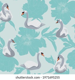 Beautiful seamless pattern with swans bird silhouette and line blue peony flowers illustration in blue  background.