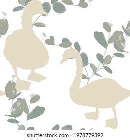 Beautiful seamless pattern with swans bird silhouette and eucaliptus branches illustration on white background.