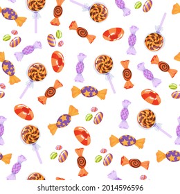 Beautiful seamless pattern. Sweets, pumpkins, candies. Set of Elements for the celebration of Halloween. Vector illustration isolated on white background.