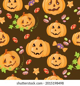 Beautiful seamless pattern. Sweets, pumpkins, candies. Set of Elements for the celebration of Halloween. Vector illustration isolated on white background.