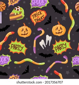 Beautiful seamless pattern. Sweets, pumpkins, candies. Set of Elements for the celebration of Halloween. Vector illustration isolated on white background.
