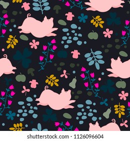 Beautiful seamless pattern with symbol of chinese new year - pig and abstract flowers, leaves, fruits around it. Cute vector background with pink animals.  Holiday wrapping design.