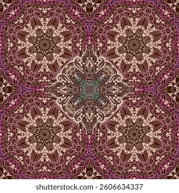Beautiful seamless pattern for tablecloth, scarf, carpet in folk style in brown, beige, cherry, emerald tones. Stylized snowflakes and curls.