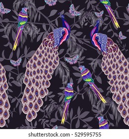 beautiful seamless pattern with tender leaves and bright birds
