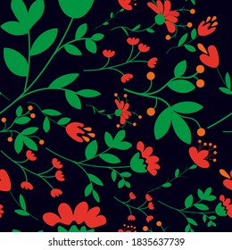 Beautiful seamless pattern of their branches and red flowers, natural motives, decorative stylized flowers for prints, wallpapers, packages, clothes. On a dark background. Vector graphics