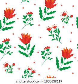Hermoso patrón impecable de sus ramas y flores rojas, motivos naturales, flores estilizadas decorativas para imprimir, papeles pintados, paquetes, ropa. Gráficos vectoriales