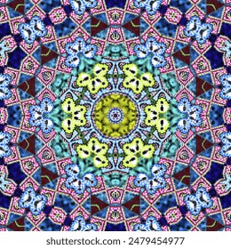 Beautiful seamless pattern tile. Colorful abstract geometric fractal drawing. Full-color template canvas for embroidery and beading.