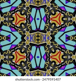 Beautiful seamless pattern tile. Colorful abstract geometric fractal drawing. Full-color template canvas for embroidery and beading.