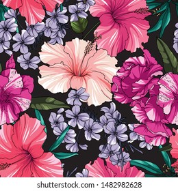 Beautiful seamless pattern with tropical flowers. Flower vector illustration