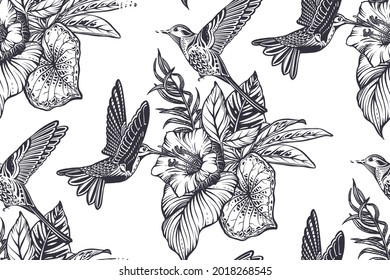Hermoso patrón sin costura con flores tropicales, colibrí, palma de jungla, monstera, hojas exóticas. Naturaleza negra y blanca fondo floral interminable