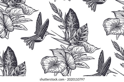 Beautiful seamless pattern with tropical flowers, hummingbird, jungle palm, monstera, exotic leaves. Black and white nature floral endless background