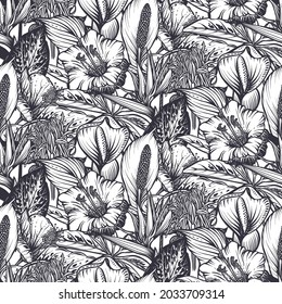 Beautiful seamless pattern with tropical flowers, jungle palm, monstera, banana leaves. Black and white nature floral endless background